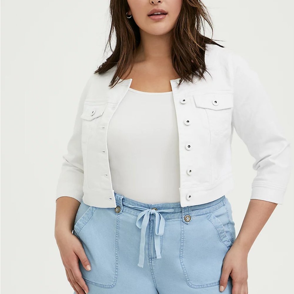 Collarless Cropped White Denim Torrid Jacket